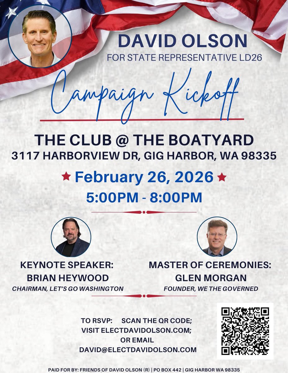 OlsonForRepLD26's tweet photo. I'm excited to announce my campaign kickoff will be held on February 26th at The Club @ the Boatyard.  Doors open at 5pm, speakers begin at 6pm.  I am honored to have Brian Heywood as keynote speaker and Glen Morgan as Master of Ceremonies.
https://t.co/JuCH3AsC7n https://t.co/MkLD9yACJO