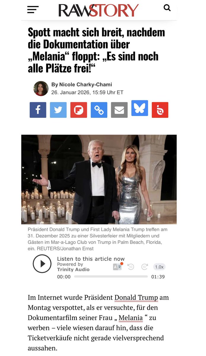 „Es sind noch alle Plätze frei“ „Melania“ Trumps Dokumentarfilm floppt👎
Im Internet wurde Präsident Donald Trump am Montag verspottet, als er versuchte, für den Dokumentarfilm seiner Frau „Melania“ zu werben – viele wiesen darauf hin, dass die Ticketverkäufe nicht gerade