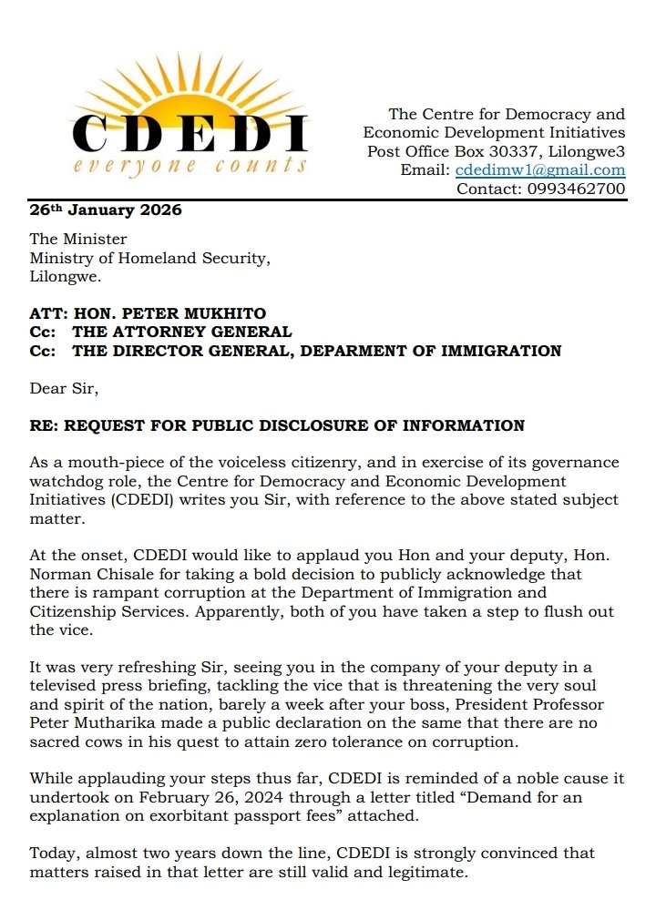 CDEDI3's tweet photo. We have written the Minister of Homeland Security, Hon. Peter Mukhito, regarding the developments that are unfolding at the Department of Immigration and Citizenship Services in Malawi. 

#passport #Malawi https://t.co/7KR7Y2bwU7