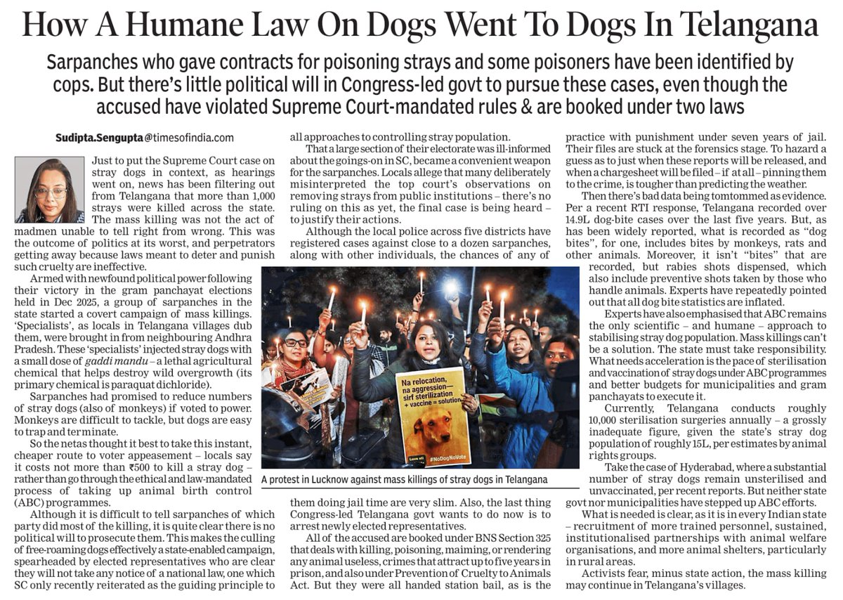 SudiptaSTOI's tweet photo. The mass killing of dogs in Telangana’s villages is nothing but a systematic campaign spearheaded by elected public representatives for petty political gains. And of course, the law is no deterrent. 
Read my Editorial on this in today’s @timesofindia
https://t.co/4hxDsObk5l https://t.co/XoP8RAjybd
