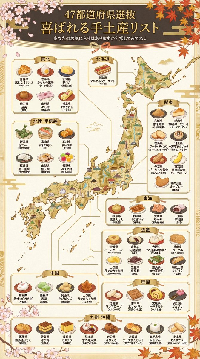 47度道府県喜ばれる手土産の名店を日本地図にしたよ。

あなたとお気に入り店舗を探してみて。リプで教えてね⤵︎