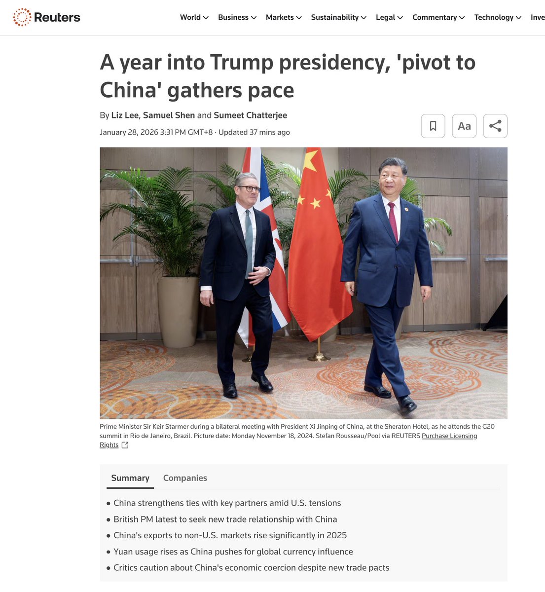 Reuters writes like a geopolitical beggar standing at China’s door saying:
“Sure, I need your market, your currency stability, your investment…
but don’t get any ideas, I’m still the moral superior here.”

This is what happens when decline moves faster than dignity.