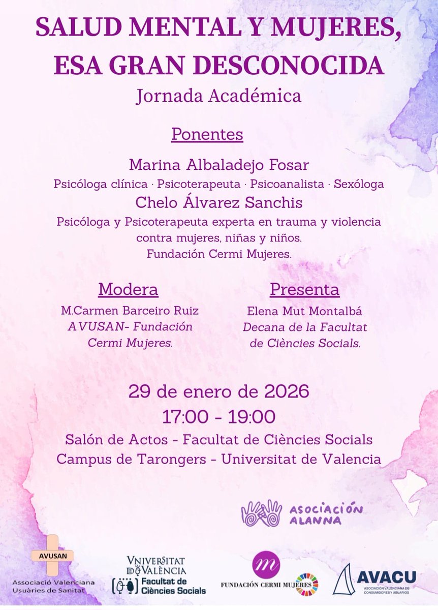 MaikaBarceiro's tweet photo. 🏥SANITAT PÚBLICA I GRATUITA #CSZBSAAT
SALUD MENTAL Y MUJERES. ESA GRAN DESCONOCIDA. Jornada académica
✍️29 enero 2026⏳17:00h.
📍Salón de actos.F. Ciències Socials. Campus Tarongers.Un.Valencia
https://t.co/a5Bn906PA4
avusanidad@gmail.com
consejosaludsaat@gmail.com
655563218 https://t.co/vNH7nuiUoO