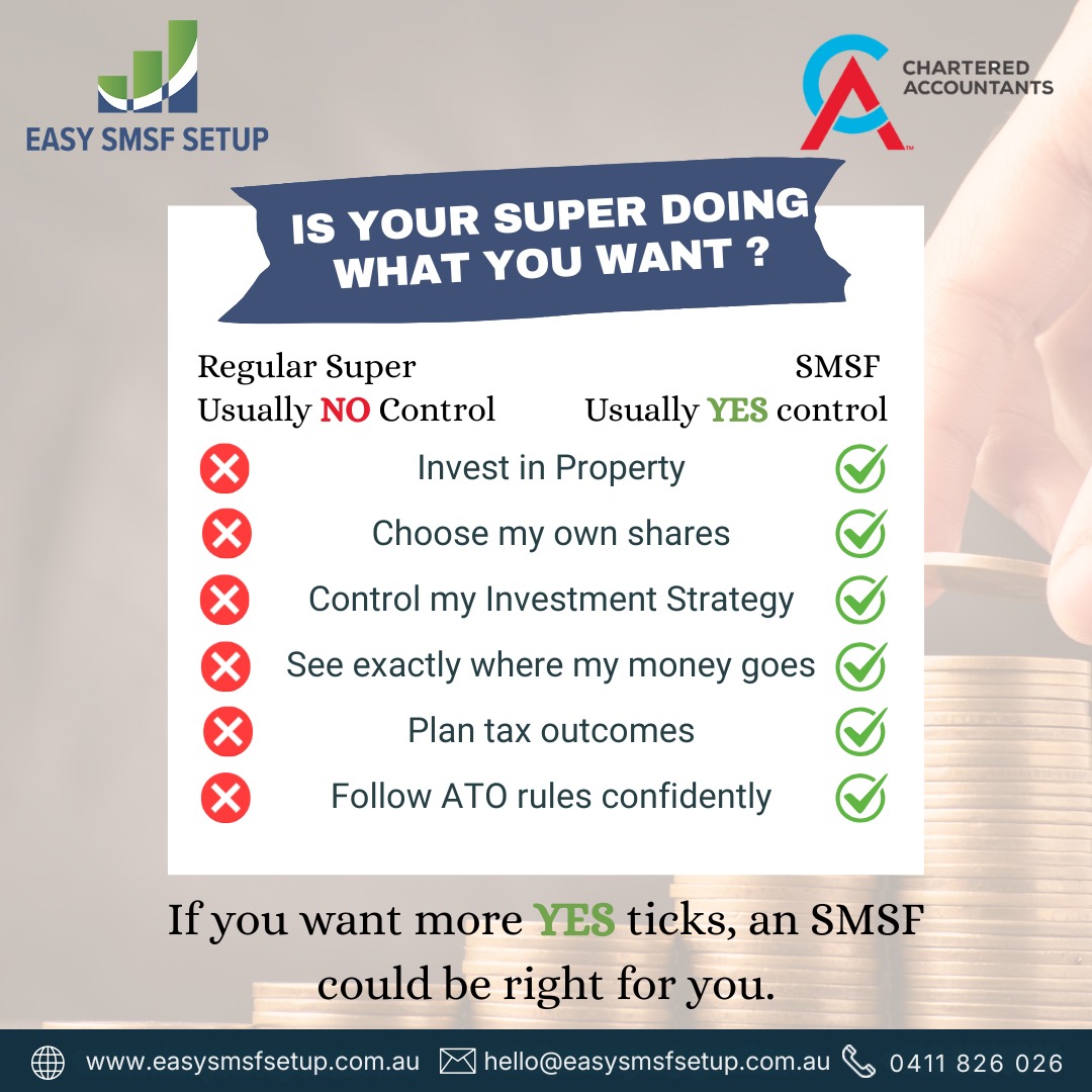 Easysmsfsetup's tweet image. Is your super really working for you? 🤔
With an SMSF, you usually get more control, clearer choices, and smarter planning for your future.
If you’re ticking more YES boxes, it might be time to take charge of your super 💼📈

easysmsfsetup.com.au

#SMSF #SelfManagedSuper
