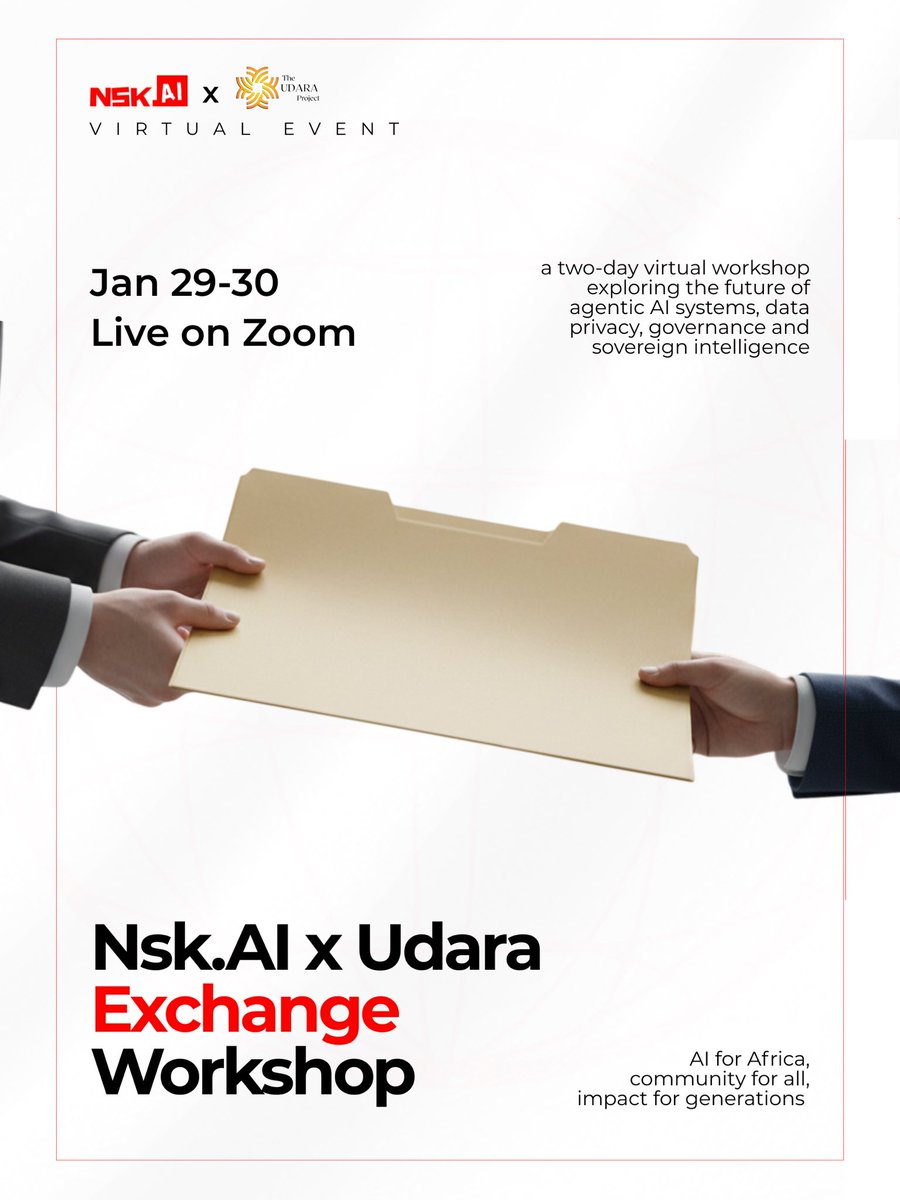 Tomorrow, we begin our Virtual exchange workshop, in collaboration with @theudaraproject 

From agentic systems and responsible autonomy to data privacy, governance, 
If you haven’t already, Register Now 👇👇
us06web.zoom.us/webinar/regist…

#AIcommunity #datagovernance #nskaicommunity