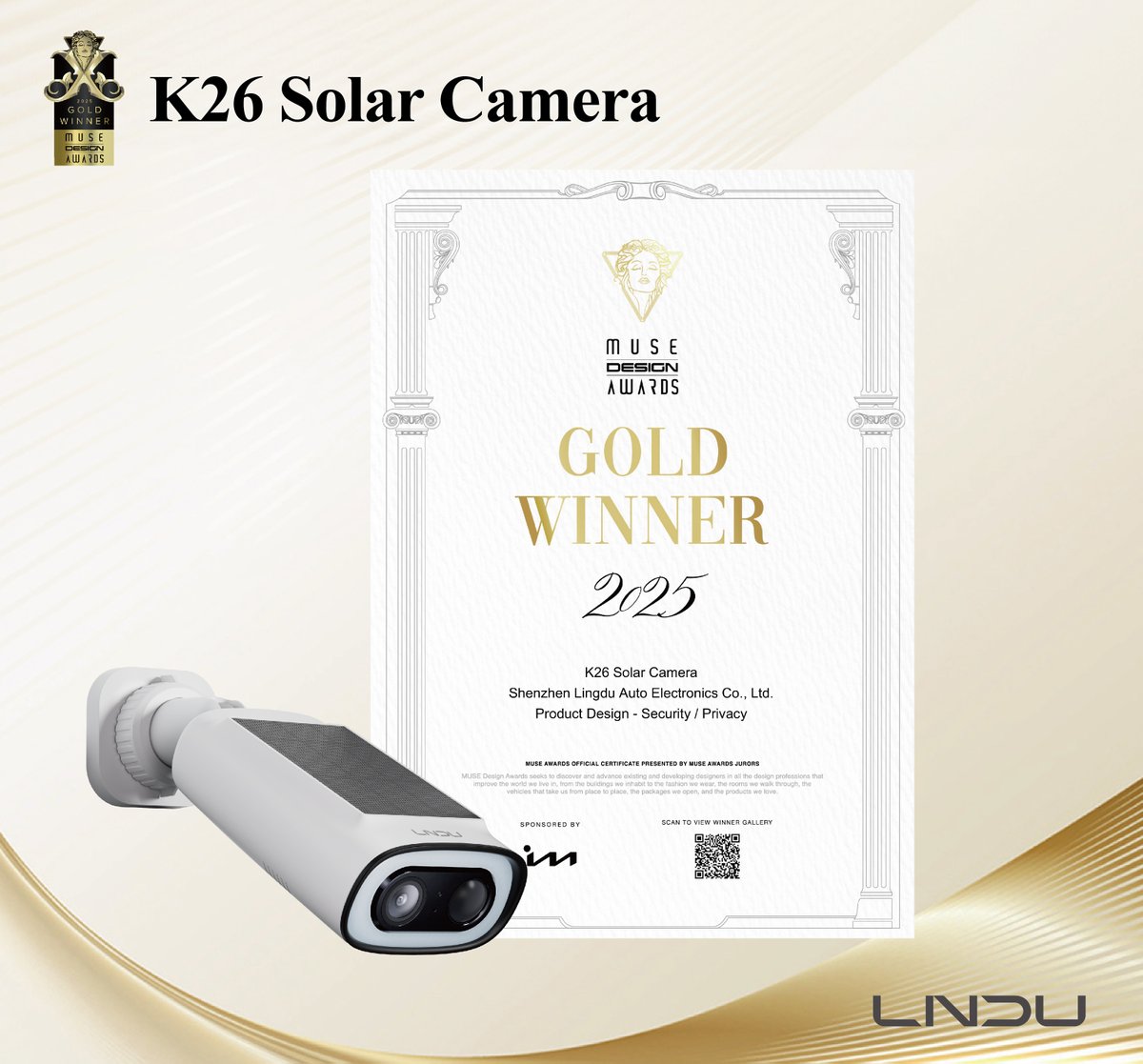 ArphaXiaodu's tweet photo. 🏆 Congratulations! The solar-powered surveillance camera K26 has won the MUSE Gold Award!

It protects without needing to be plugged in, combining both design and performance ✅
#LNDU #MUSEGoldAward #SolarSecurityCamera #SolarSecurityCameraK26 https://t.co/N9YriXLMJC