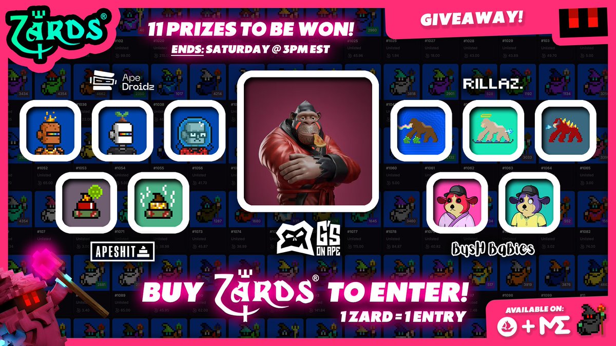 ZardsNFT's tweet image. To celebrate reaching a 500 $APE FP for Zards® we're giving away 11 ApeChain NFTs! 🧙‍♂️🪄✨

All Zards® buys from NOW until 3PM EST on Saturday are eligible for the draw. EACH Zard® = 1 entry. 🎟️

Prizes: Geez, ApeDroidz, ApeShit, Rillaz &amp;amp; Bush Babies!

🔗  magiceden.io/collections/ap…