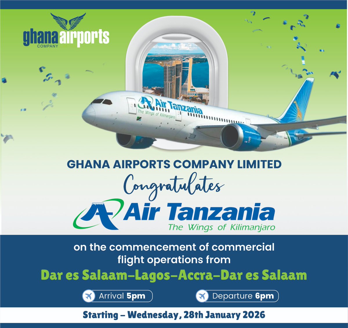 gh_airports's tweet image. We are excited to welcome Air Tanzania to Ghana today, 28th January 2026 at 1700hrs.

The arrival of Air Tanzania is expected to further strengthen air connectivity between Ghana and Dar es Salaam and provide passengers with more travel options.

#GACL
#AirTanzania
#Inauguralflig