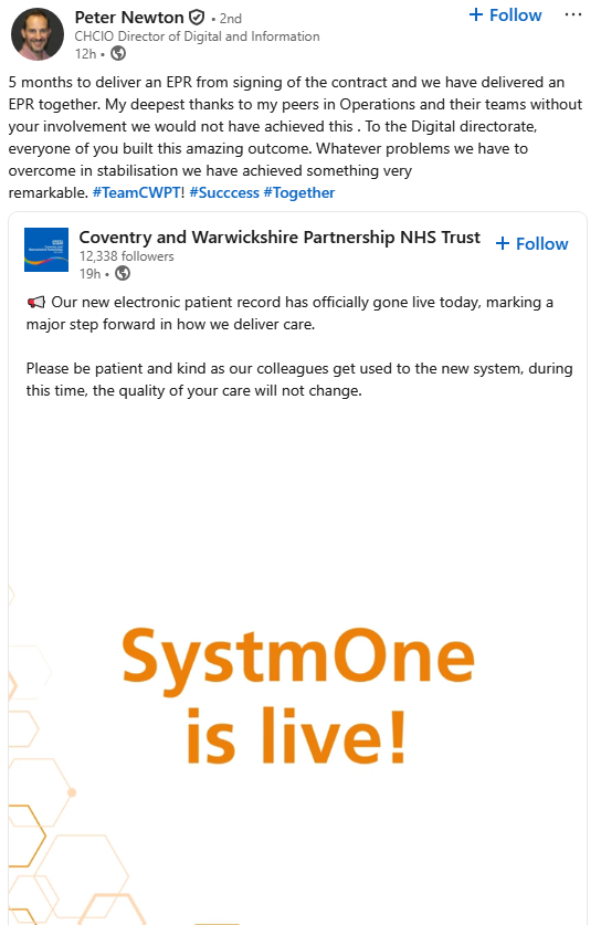 Congrats to Peter Newton and the team at <a href="/CWPT_NHS/">Coventry and Warwickshire Partnership NHS Trust</a> - we are LIVE!! Your drive and passion has got this project over the line in record time. 🍾