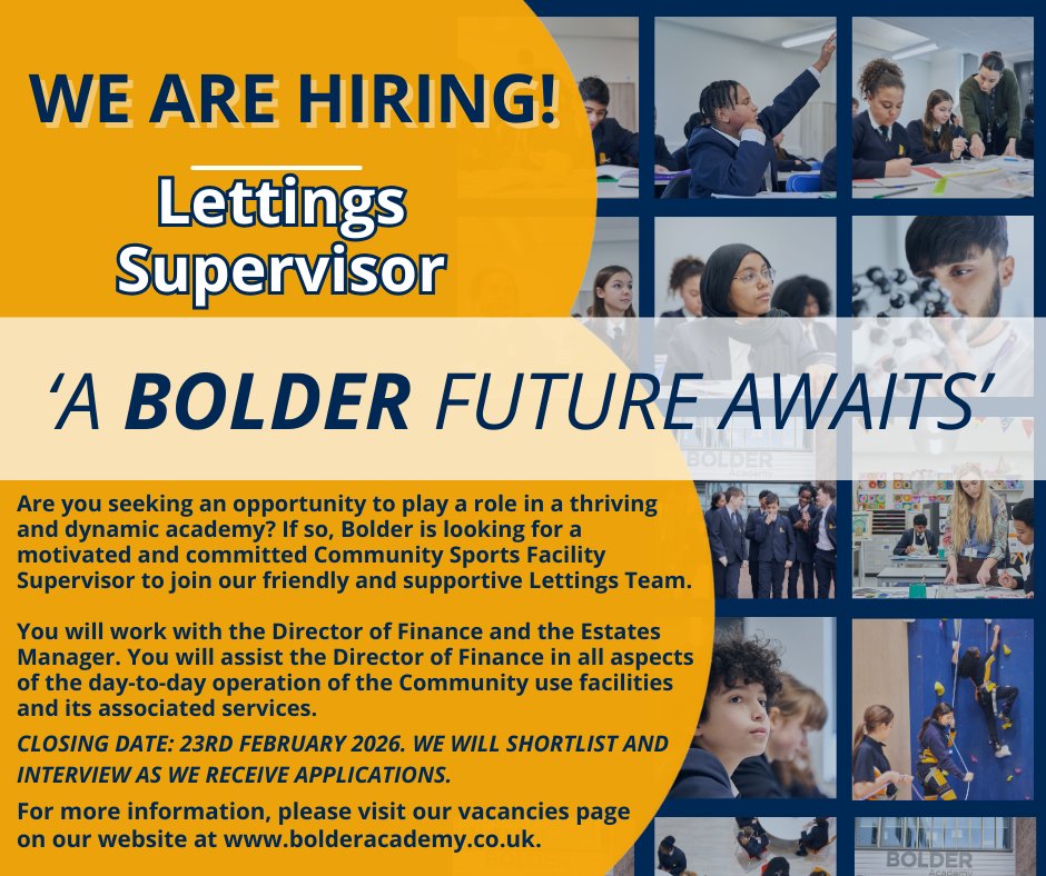 Looking for a role where no two days are the same?
We&rsquo;re recruiting a Lettings Supervisor to support our Community Use facilities.
Strong communication skills, teamwork and flexibility are key.

For more information and to apply, please visit -&nbsp; bolderacademy.co.uk/vacancie&hellip; Image