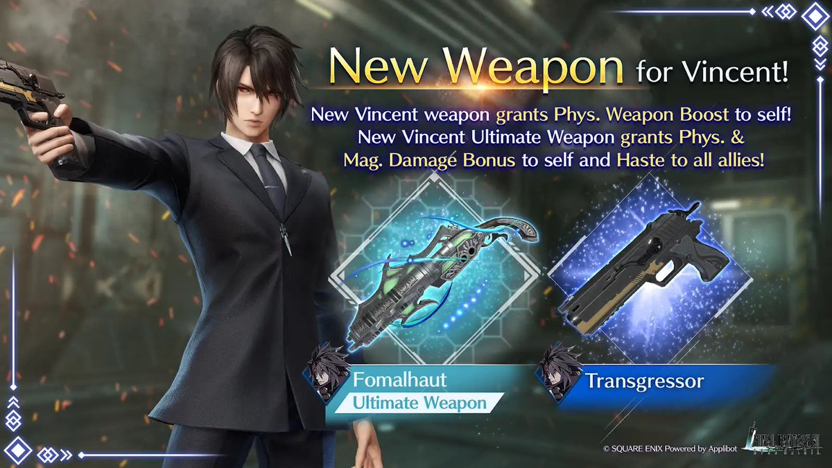 FFVII_EC_EN's tweet image. Vincent New Weapon Featured Draw On Now
Vincent's Exclusive Weapon Transgressor and Ultimate Weapon Fomalhaut available now!
In the Stamp Card, you can get his Exclusive Gear, Auditing Uniform!

Period: Jan. 28 6:00 PM-Feb. 28 11:59 AM PST

#FF7EC