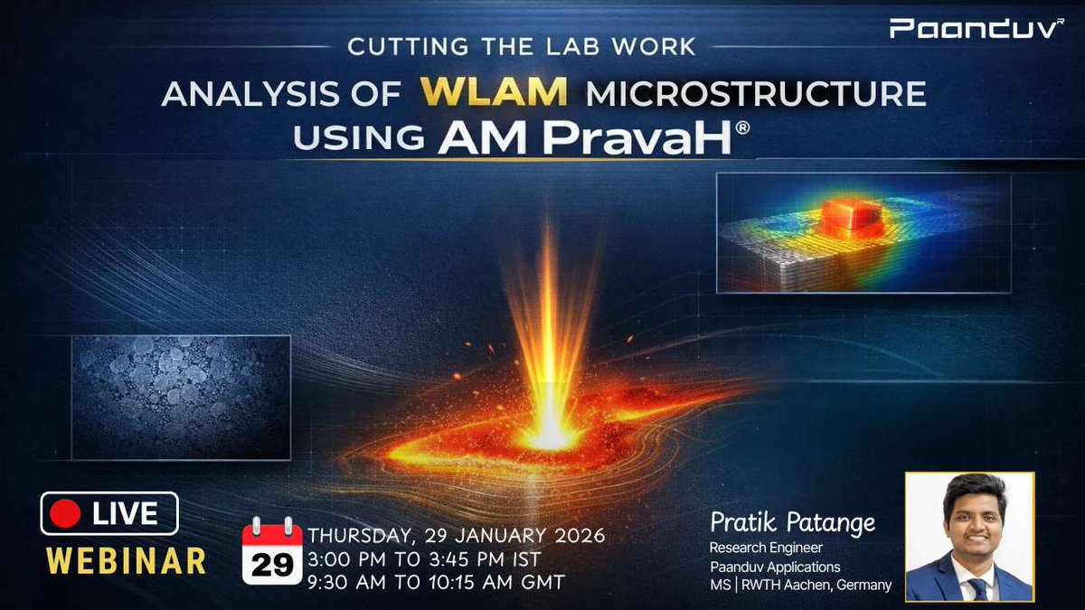 We invited you to join our Global Live Webinar on WLAM Microstructure Analysis.

We’re hosting a webinar on WLAM Microstructure using AM PravaH® and would be glad to have you join us.
📅 29 Jan 2026
⏰ 3:00–3:45 PM IST

Webinar YouTube Live Link:👇
youtube.com/live/J4ieku-yX…