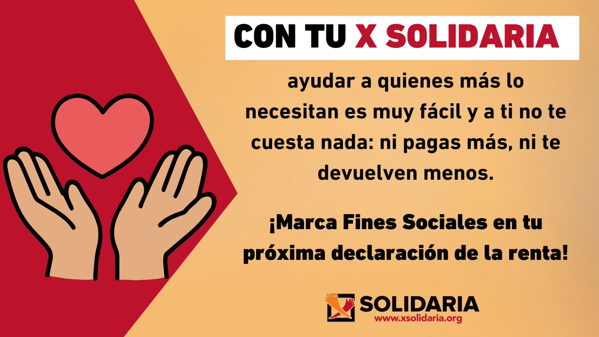 💡 ¿Sabías que puedes ayudar a quienes más lo necesitan con solo marcar una casilla en tu declaración de la renta?

Es la #casilla106 de #FinesSociales 😜

✅ Marca la #XSolidaria y transforma vidas👍

Es un gesto que a ti no te cuesta nada: ni pagas más, ni te devuelven menos 👏