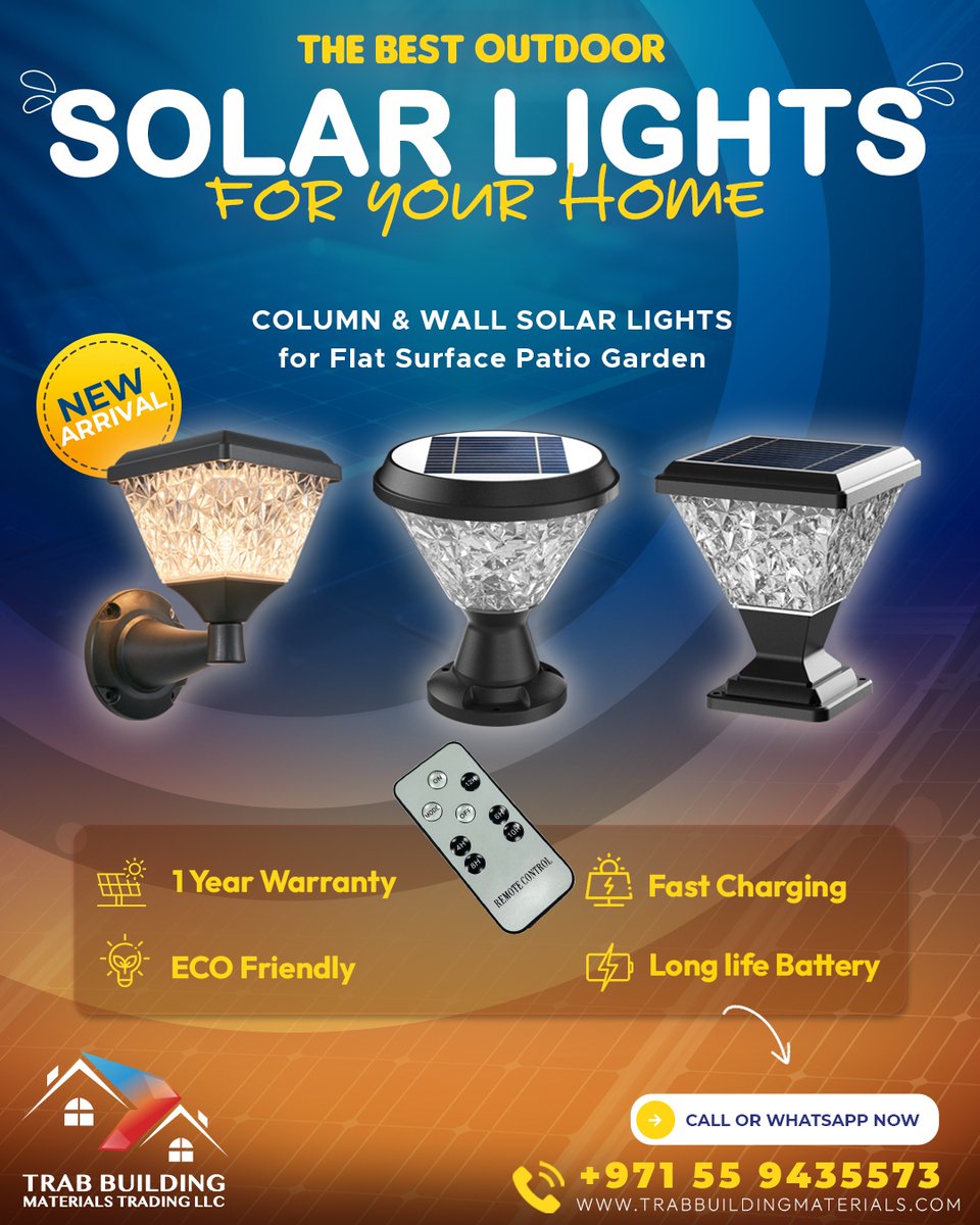 TrabLlc's tweet photo. 𝐎𝐮𝐭𝐝𝐨𝐨𝐫 𝐒𝐨𝐥𝐚𝐫 𝐋𝐢𝐠𝐡𝐭𝐬 𝐢𝐧 𝐃𝐮𝐛𝐚𝐢 - New Arrival!!!

Column &amp; Wall Solar Lights. No wiring required, easy to install... Includes: built-in solar light, remote control with 1-year warranty.

📲 𝘖𝘳𝘥𝘦𝘳 𝘕𝘰𝘸: +971 55 9435573
🌏 https://t.co/tuMyDTdLhc https://t.co/GsC8EgJGJW