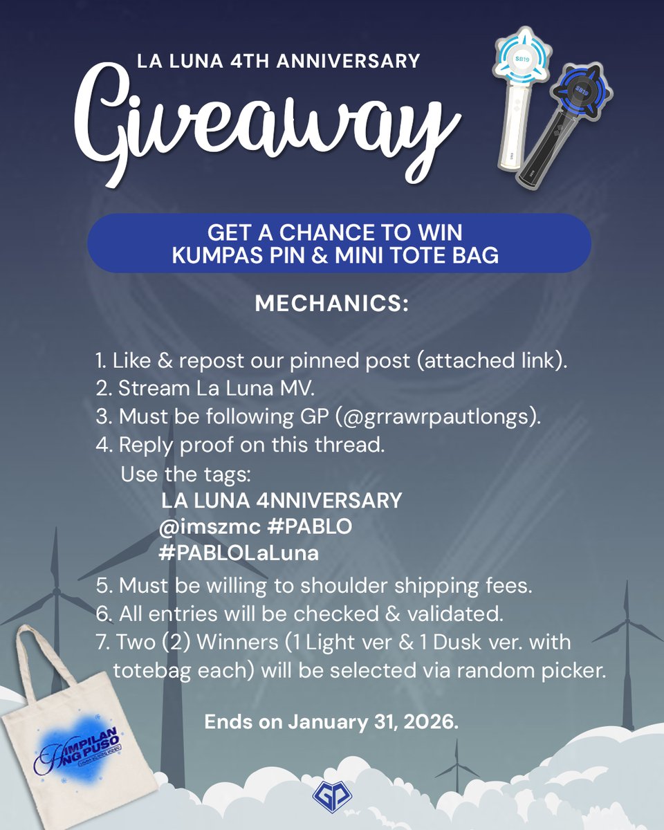 grrawrpautlongs's tweet photo. Rawr! It’s La Luna’s 4th anniversary &amp; we’re celebrating with a giveaway! 🎊

Win a #KumpasPin + mini tote bag 💙

👀 Mechanics in the photo!

🔁Repost &amp; ❤️ this:
https://t.co/R9mKWySL0W

🎶Stream the MV:
https://t.co/u9ABr8RK4V

LA LUNA 4NNIVERSARY
@imszmc #PABLO 
#PABLOLaLuna https://t.co/9r8EAZZfEM