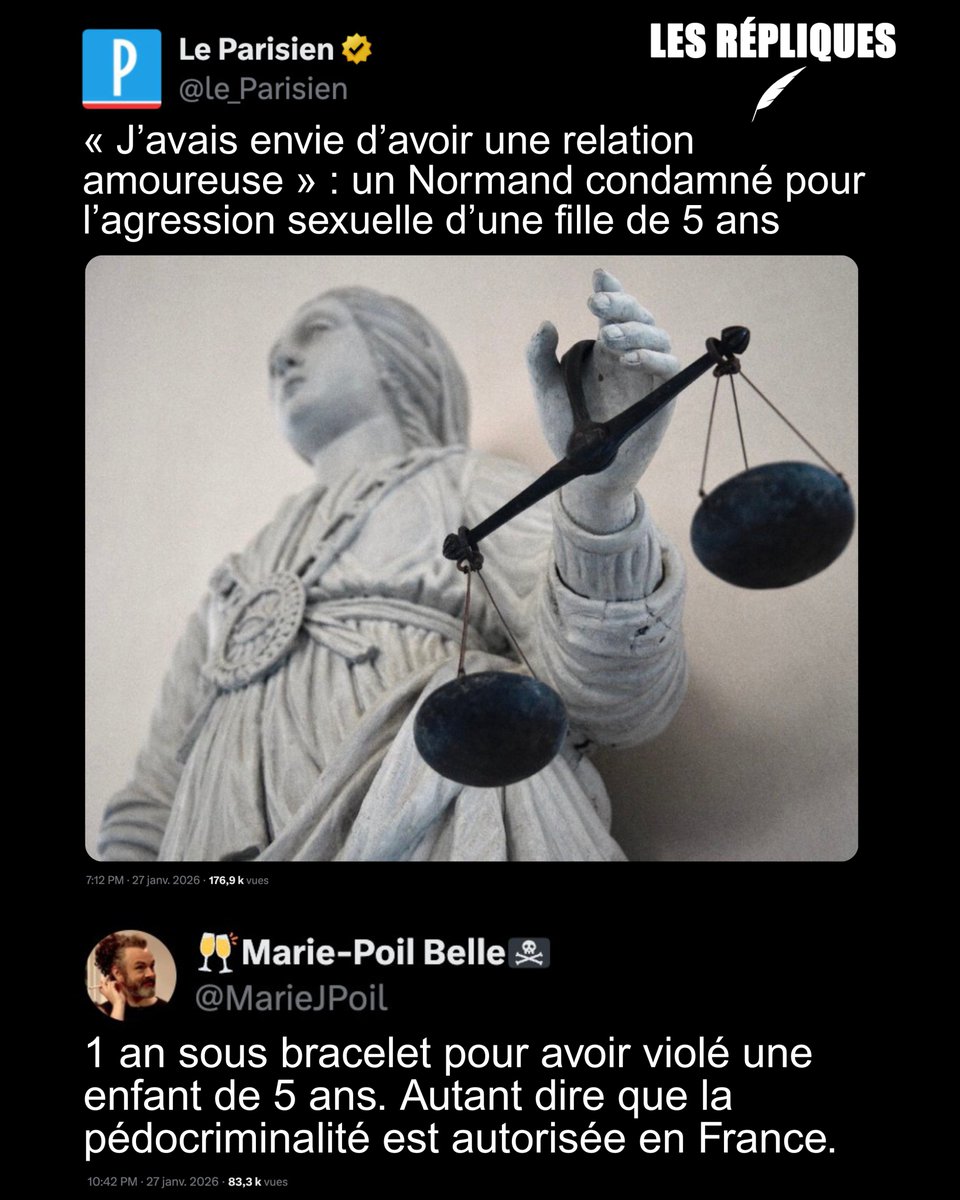 Les_Repliques's tweet photo. « Envie d’avoir une relation amoureuse », des « préliminaires », une « pénétration » : un homme de 23 ans a été condamné mardi à une peine d’un an de prison ferme, aménagée sous bracelet électronique, pour le viol d’une fillette de 5 ans, survenue dans la Manche en octobre 2025

@MarieJPoil