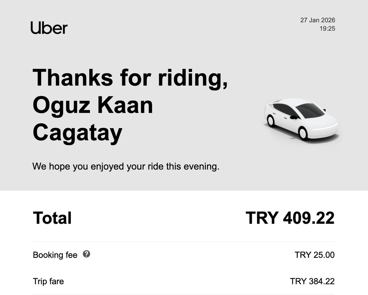 Uber Türkiye'de keyfi uygulamalarda bulunmaya başladı artık. 

Örneğin bu yolculuk taksimetrede 313 TL tuttu ama <a href="/Uber/">Uber</a> 384 TL olarak alıp üstüne de 25 TL booking ücreti ekledi. 

Güvendiğiniz bölgeler ve güvendiğiniz taksicilerde Uber yerine nakit kullanın, kazançlı çıkarsınız.