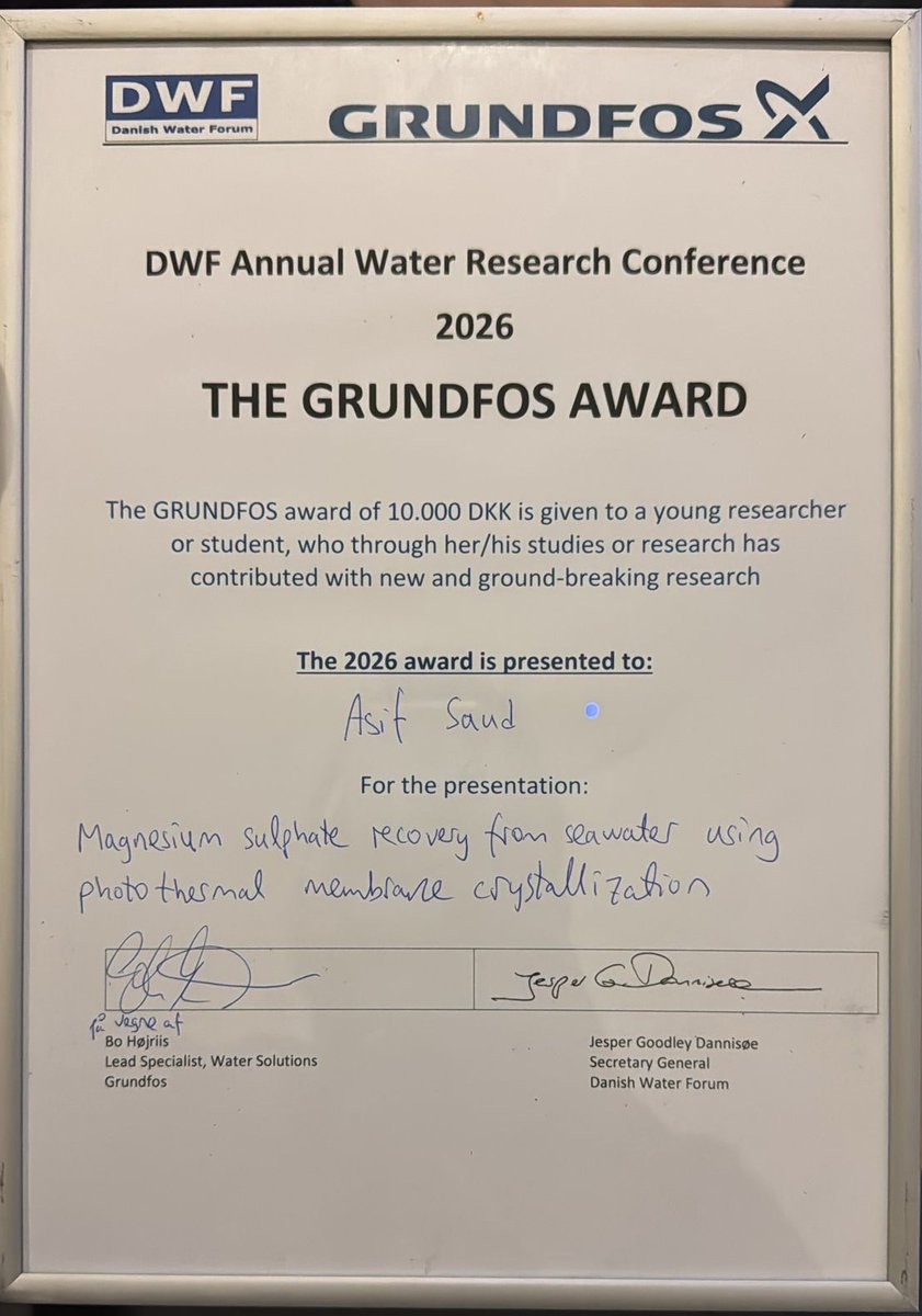 exbriner's tweet photo. Congratulations to our EXBRINER PhD student Asif Saud (Aalborg University) winner of the Grundfos Award at the Danish Water Forum Annual Water Research Conference 2026 for the work "Magnesium Sulphate recovery from Seawater using Photothermal Membrane Crystallization". https://t.co/kC35X0EhSR