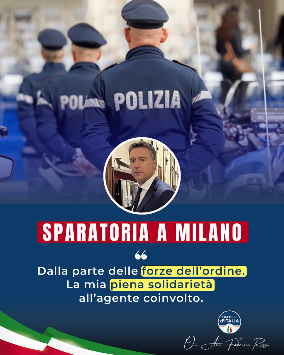 Dalla parte delle Forze dell’Ordine, SEMPRE ‼️

Quanto accaduto a #Milano va affrontato con rispetto, responsabilità e senso dello Stato.
Esprimo piena solidarietà all’agente coinvolto, chiamato a prendere una decisione estrema in una situazione di reale pericolo.

#sicurezza