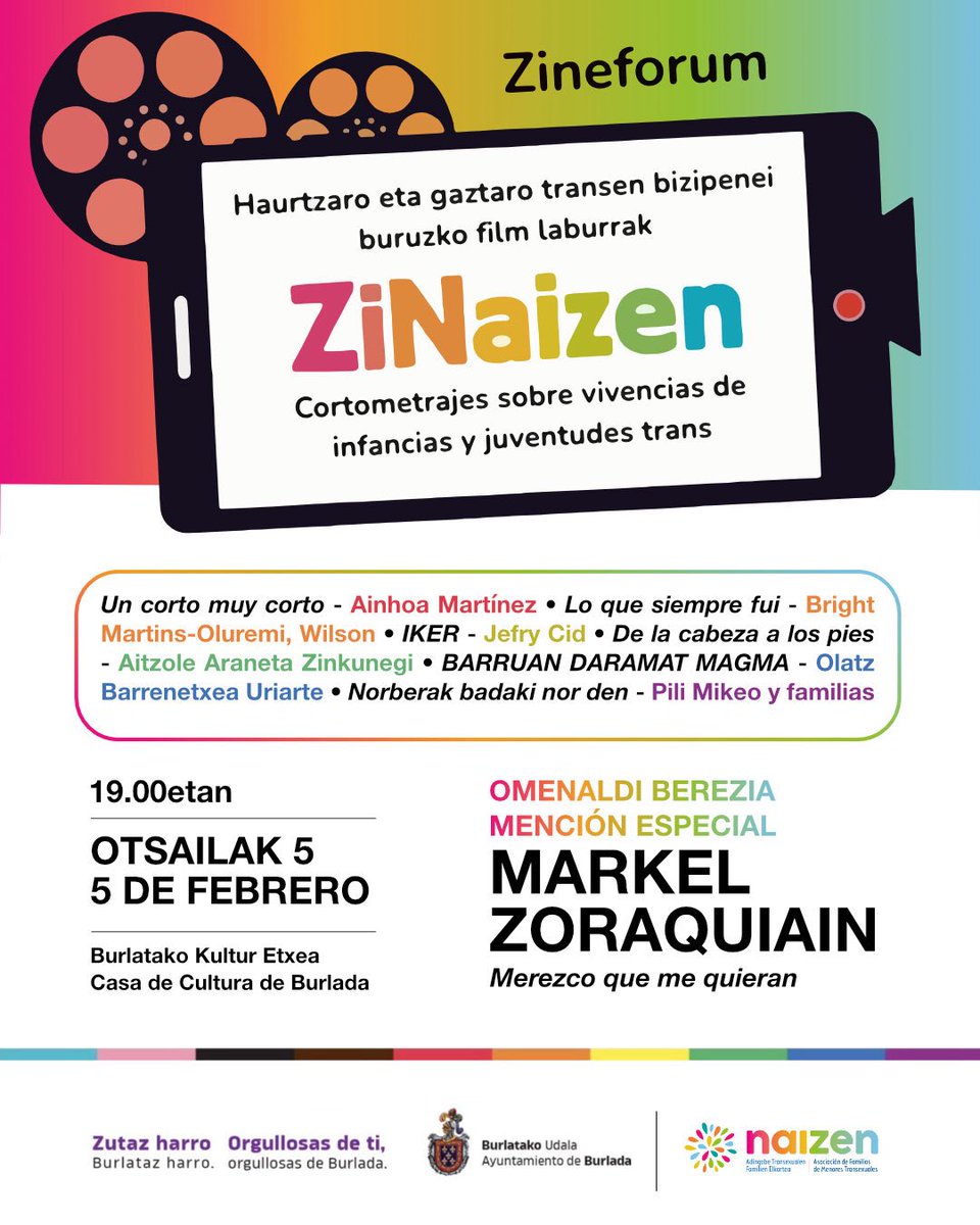 icobosbel's tweet image. 🏳️‍⚧️Acompáñanos en la proyección de vivencias trans y el homenaje al burladés Markel Zoraquiain, ganador con "Merezco que me quieran".

🗓️5 de febrero a las 19:00
📍Casa de Cultura de Burlada
🤝Organizan Ayuntamiento de Burlada y Naizen.

🩷Zutaz harro, Burlataz harro.