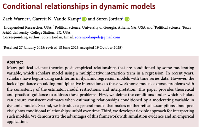 PSRMJournal's tweet image. 📈 How should scholars model conditional relationships in time series data?

➡️ Z Warner, G N Vande Kamp &amp;amp; S Jordan provide guidance on interaction terms in dynamic models, showing how to flexibly model and interpret moderation over time cambridge.org/core/journals/… #FirstView