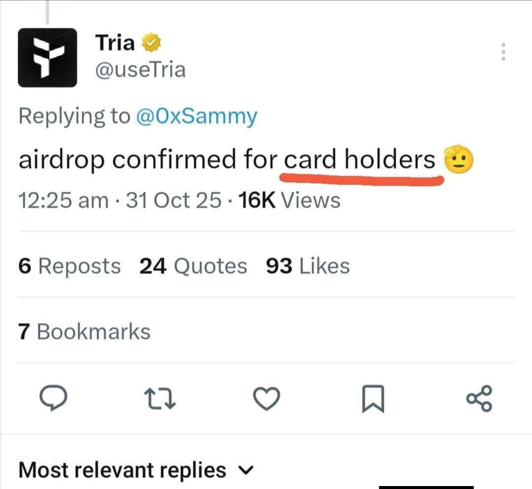 TRIA Season 1 ends in 2days‼️

<a href="/useTria/">Tria</a> will be launching their token soon, those who have activated a card have a higher chance to receive airdrop. 💯

Join me on Tria and get your own crypto card!   app.tria.so/?accessCode=H0…

Join tria. Rewards soon..