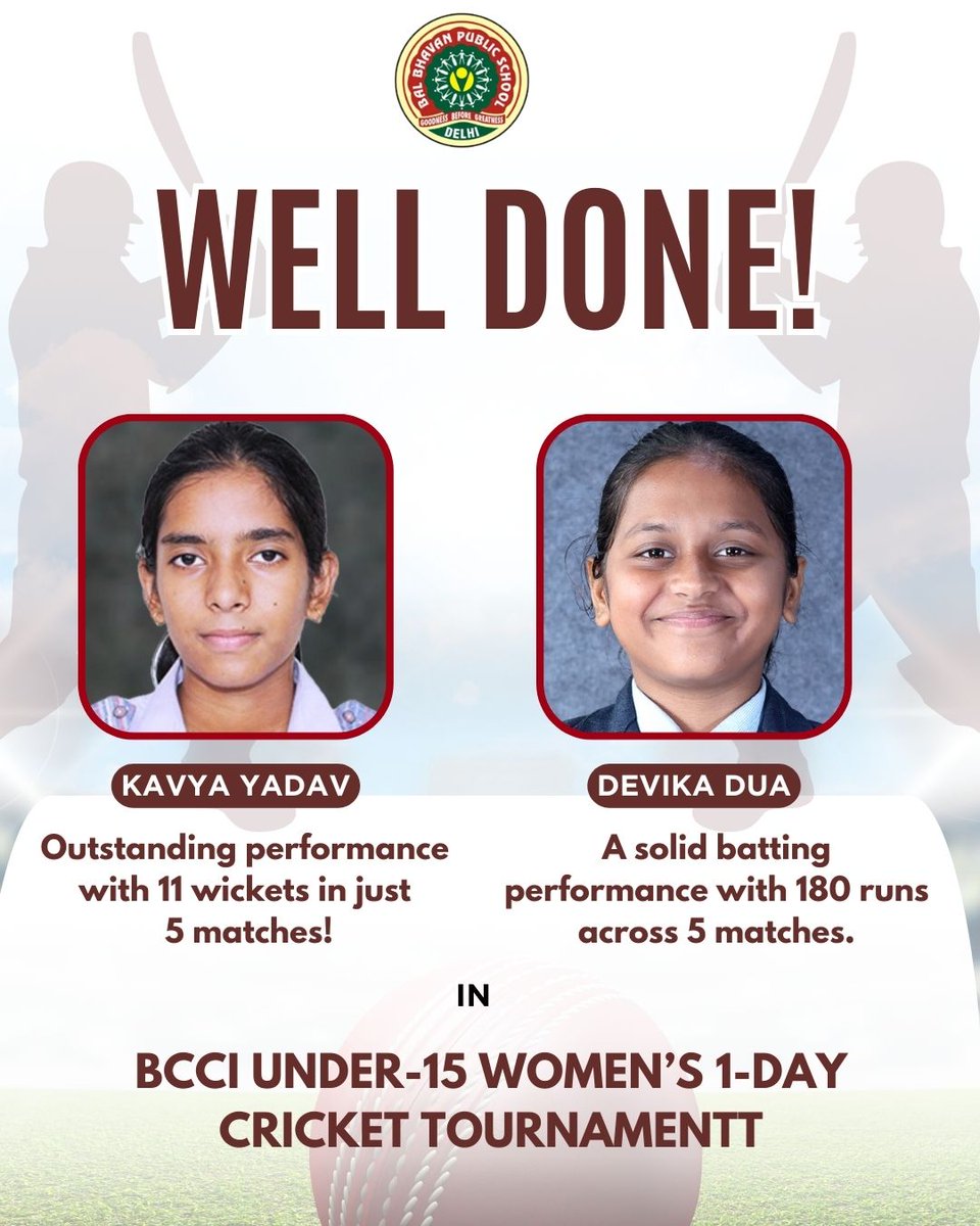 🏏🌟 Outstanding Performances at the BCCI U-15 Women’s 1-Day Tournament!
🔥 Kavya Yadav starred with the ball, taking 11 wickets in 5 matches.
💪 Devika Dua shone with the bat, scoring 180 runs in 5 matches.
Proud to see our young cricketers shine on the national stage 👏✨