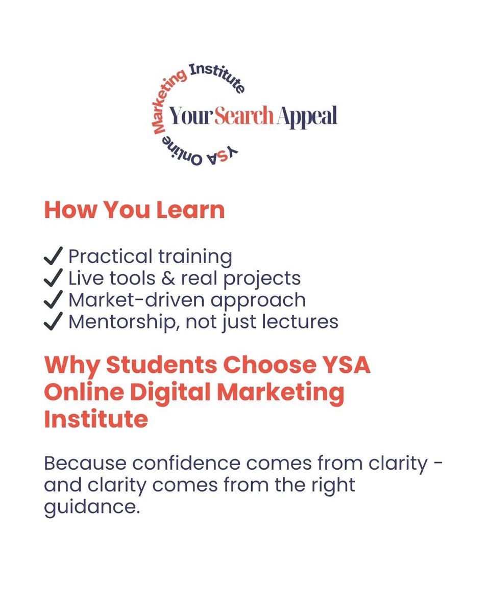 YsaInstitute's tweet photo. Most people don’t fail at digital marketing.
They fail due to lack of guidance.

At Your Search Appeal (YSA), we help students build real-world skills through practical learning, niche clarity, and market-focused training.

📍 Online Digital Marketing Institute in Delhi https://t.co/ecIP4mFBiu