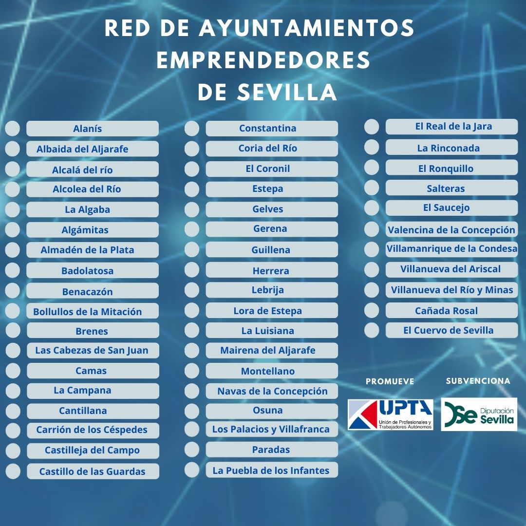 ¿Conoces la Red de Ayuntamientos Emprendedores de Sevilla? 🤔

👁️‍🗨️ Estos son los 47 municipios de la provincia de #Sevilla que la conforman en la actualidad

<a href="/DIPUSEVI/">Diputación de Sevilla</a> 
<a href="/upta_es/">UPTA España</a> <a href="/EDUARDOABADSABA/">Presidente UPTA España</a> <a href="/InesMazuelaRo/">Inés Mazuela</a> 
#RAESevilla3