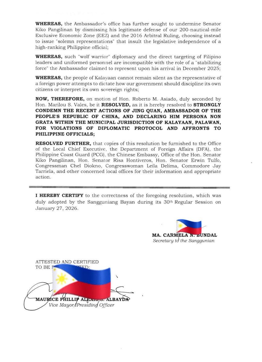 MUNICIPALITY DECLARES CHINESE AMBASSADOR PERSONA NON GRATA

JUST IN: A municipality in Palawan in the West Philippine Sea has declared Chinese Ambassador Jing Quan persona non grata over a violation of diplomatic protocol and an affronts to Philippine officials.

A persona non