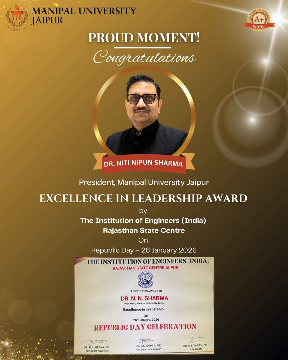 Jaipur_Manipal's tweet image. Proud moment 🎉 Dr. Niti Nipun Sharma, President MUJ, receives the Excellence in Leadership Award from IEI Rajasthan State Centre on Republic Day 2026.

#MUJ #LeadershipExcellence #PrideOfMUJ
