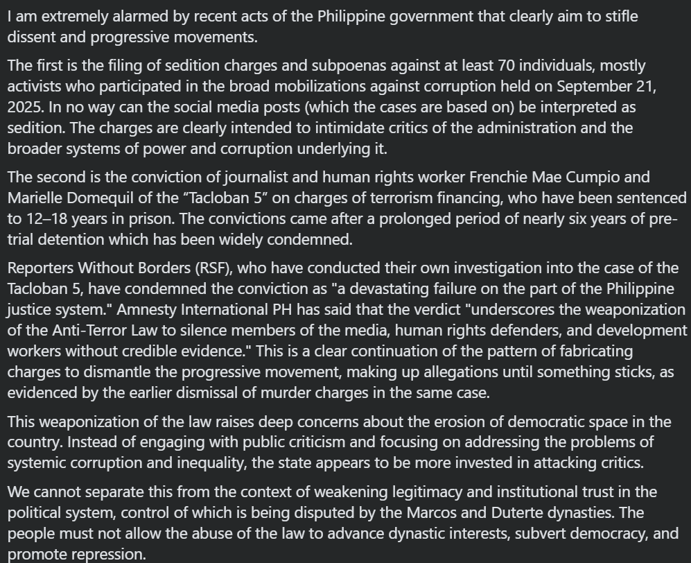 WaldenBello's tweet photo. TWO MORE ALARMING CASES OF WEAPONIZATION OF THE LAW

I am extremely alarmed by the filing of sedition charges against at least 70 protesters and the conviction of Frenchie Mae Cumpio and Marielle Domequil, cases that clearly aim to stifle dissent and progressive movements. https://t.co/uLzEeFTcjP