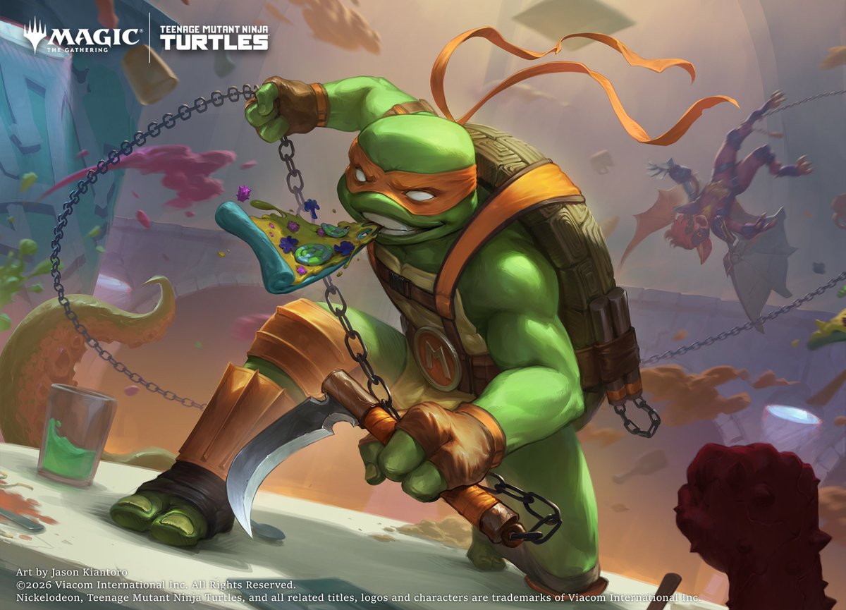Michelangelo, Weirdness to 11
AD:Cassie Murphy

#MTGxTMNT another childhood character i have the big honor of painting for MTG. I'm extremely grateful for the chance to do this!

©2026 Viacom International Inc. All Rights Reserved.
Shared with permission from Wizards of the Coast