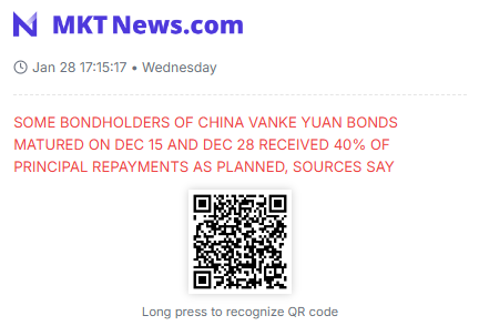 Sino_Market's tweet photo. SOME BONDHOLDERS OF CHINA VANKE YUAN BONDS MATURED ON DEC 15 AND DEC 28 RECEIVED 40% OF PRINCIPAL REPAYMENTS AS PLANNED, SOURCES SAY 
#CHINA #PROPERTY #REALESTATE #VANKE 
https://t.co/Iu2stdvp4J https://t.co/vw4ubso4eO