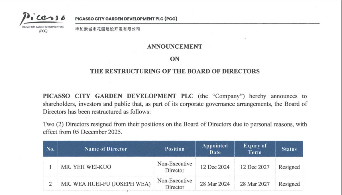 PCG announced to the CSX today that 2 directors had resigned effective 5th December 2025 - that is 5 days BEFORE their IPO on 10th December 2025. This is appalling from a governance and market conduct perspective, &amp; the CSX and SERC must take action.
