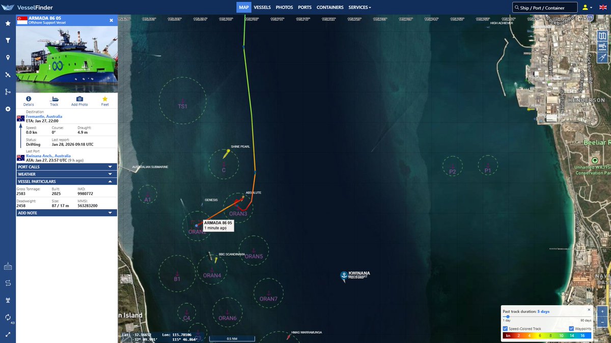 LabratSR's tweet photo. #MH370 Armada 86 05 completed refueling and has moved over to Oil Refinery Anchorage North 2 (ORAN 2). Later today, they are supposed to move over to Aus Marine Complex 4 in Henderson, just across the bay. #vesseltracking by @VesselFinder https://t.co/Q7T5sM2L3w