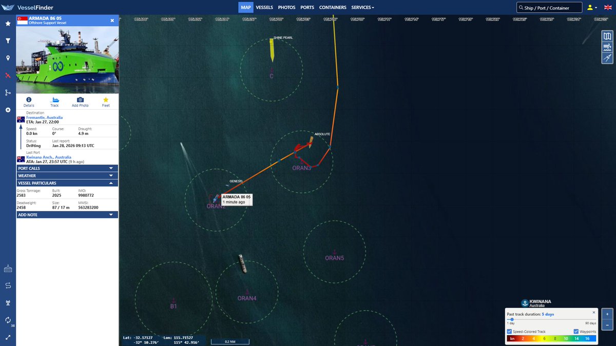 LabratSR's tweet photo. #MH370 Armada 86 05 completed refueling and has moved over to Oil Refinery Anchorage North 2 (ORAN 2). Later today, they are supposed to move over to Aus Marine Complex 4 in Henderson, just across the bay. #vesseltracking by @VesselFinder https://t.co/Q7T5sM2L3w