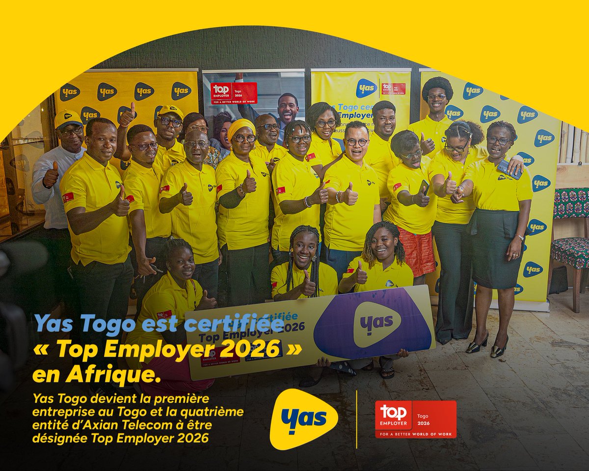 Nous sommes officiellement Top Employer 2026 en Afrique ! 🌍

Yas Togo, première entreprise au Togo certifiée.

Une fierté collective. Une ambition partagée 🙌

#TopEmployer2026 #YasTogo #Fierté #AxianTelecom