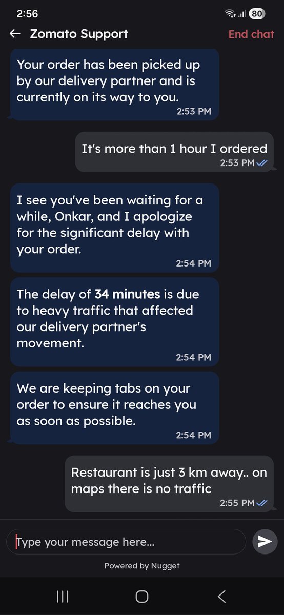 onkarsutar's tweet photo. Hey @Zomato, it’s been over 1 hour and my order still isn’t delivered. Delivery partner isn’t picking calls. Support says 37 mins delay due to traffic, but maps clearly show no traffic at all. What’s going on? https://t.co/wd2h6raalr