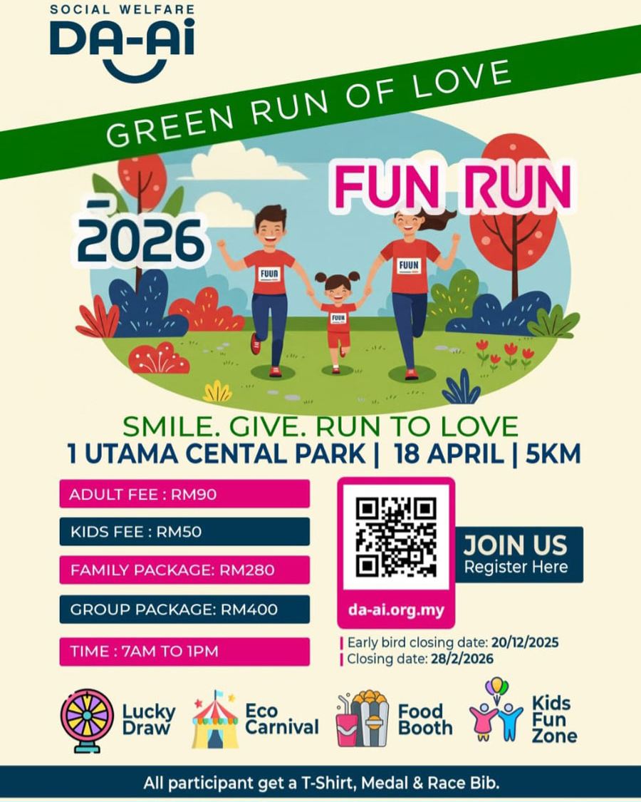 Registration for GREEN RUN OF LOVE is now open!
Smile | Give | Run to Love

A charity run by Da-Ai
Run while giving back to charity.
Loads of activities from Lucky Draw, Eco Carnival, Food Booths, Kids FUn Zone and many more.

Date : 18 April 2026
Time : 6am
Venue : 1 Utama