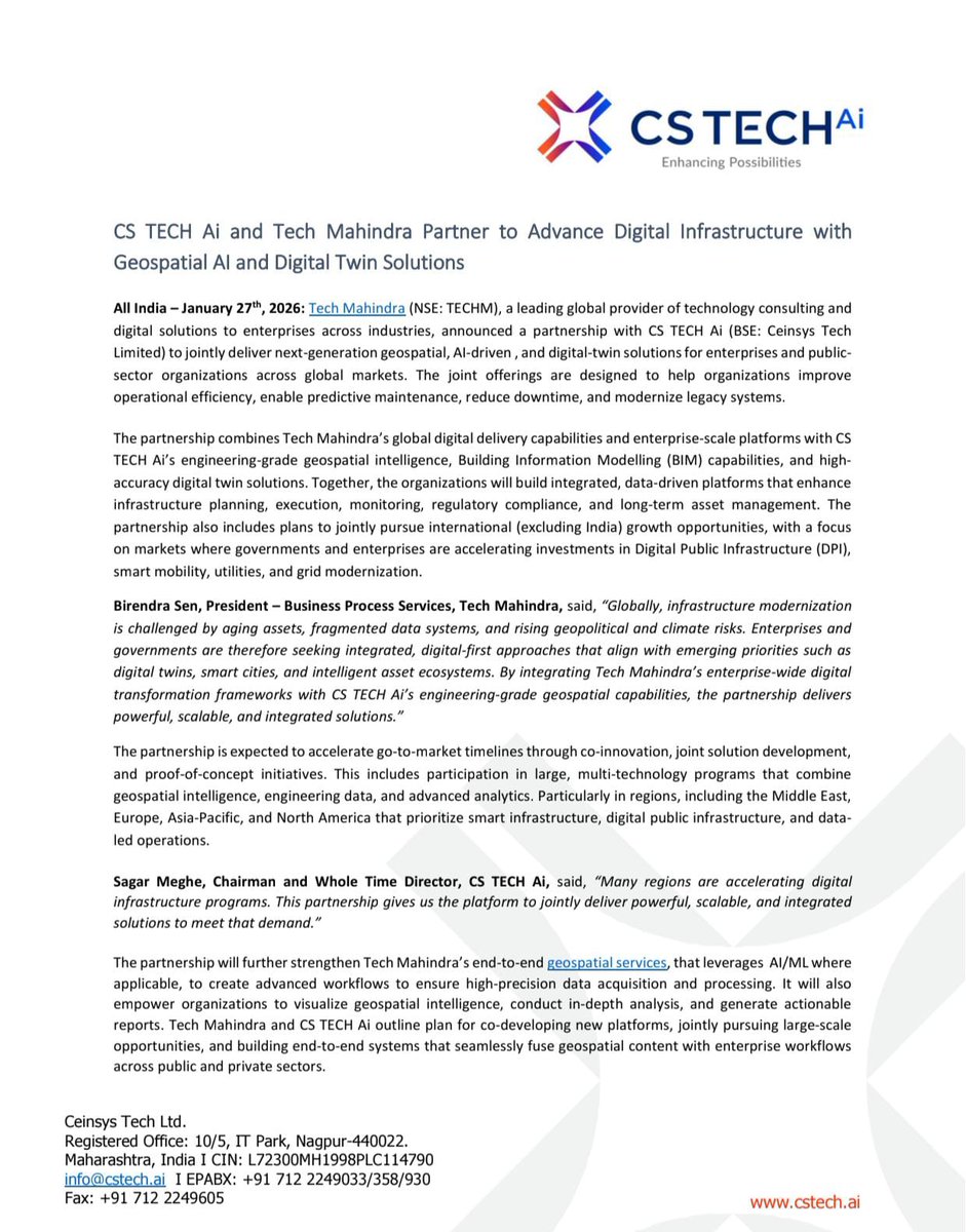 NSuresh_ECW's tweet image. Ceinsys Tech &amp;amp; Tech Mahindra partner to deliver geospatial AI and digital-twin solutions

#CeinsysTech #Techmahindra