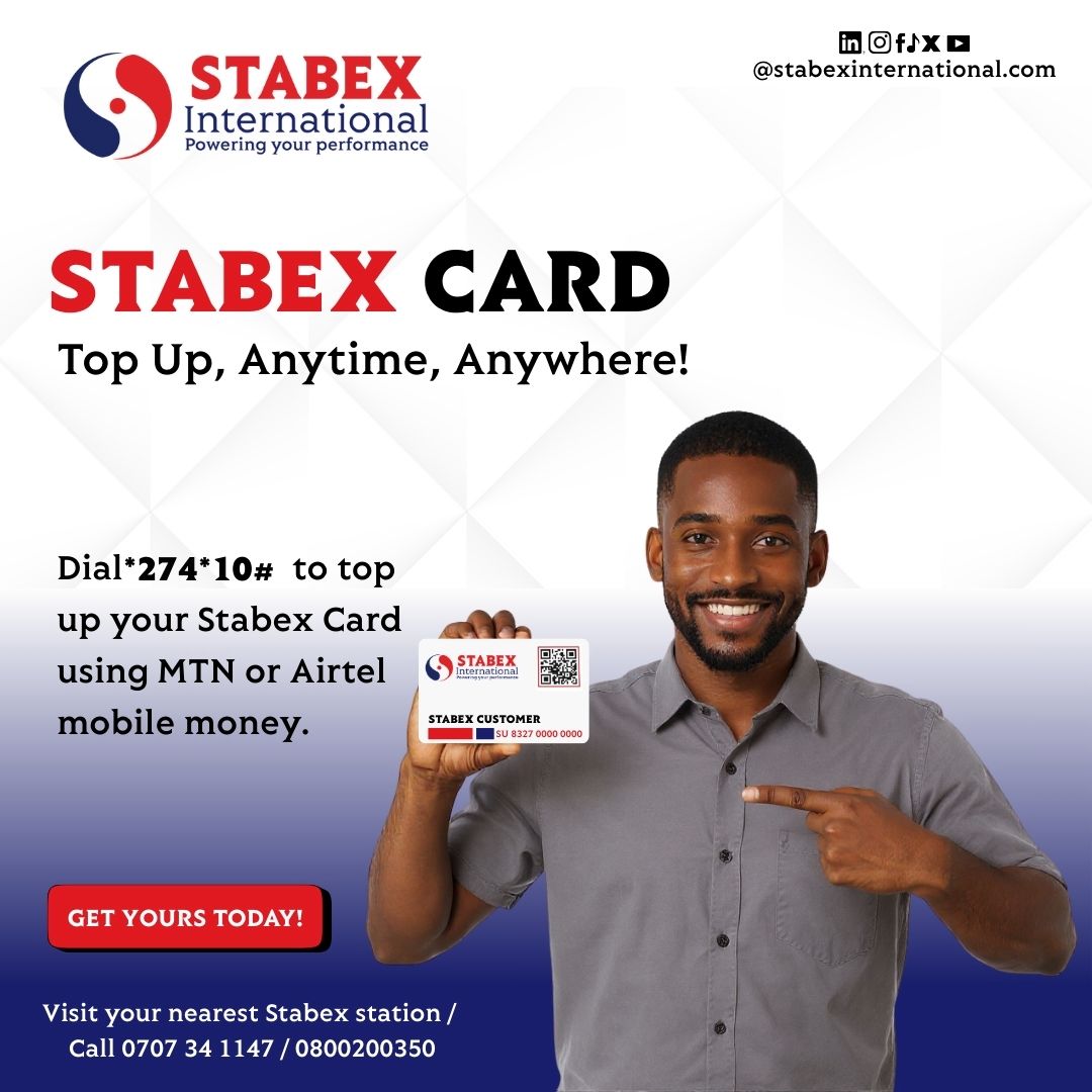 CapitalFMUganda's tweet photo. Running low on your Stabex Card balance?
Dial *274*10# and top up instantly anytime, anywhere.
#StabexCard
#PoweringYourPerformance https://t.co/LdZGgsEqhO