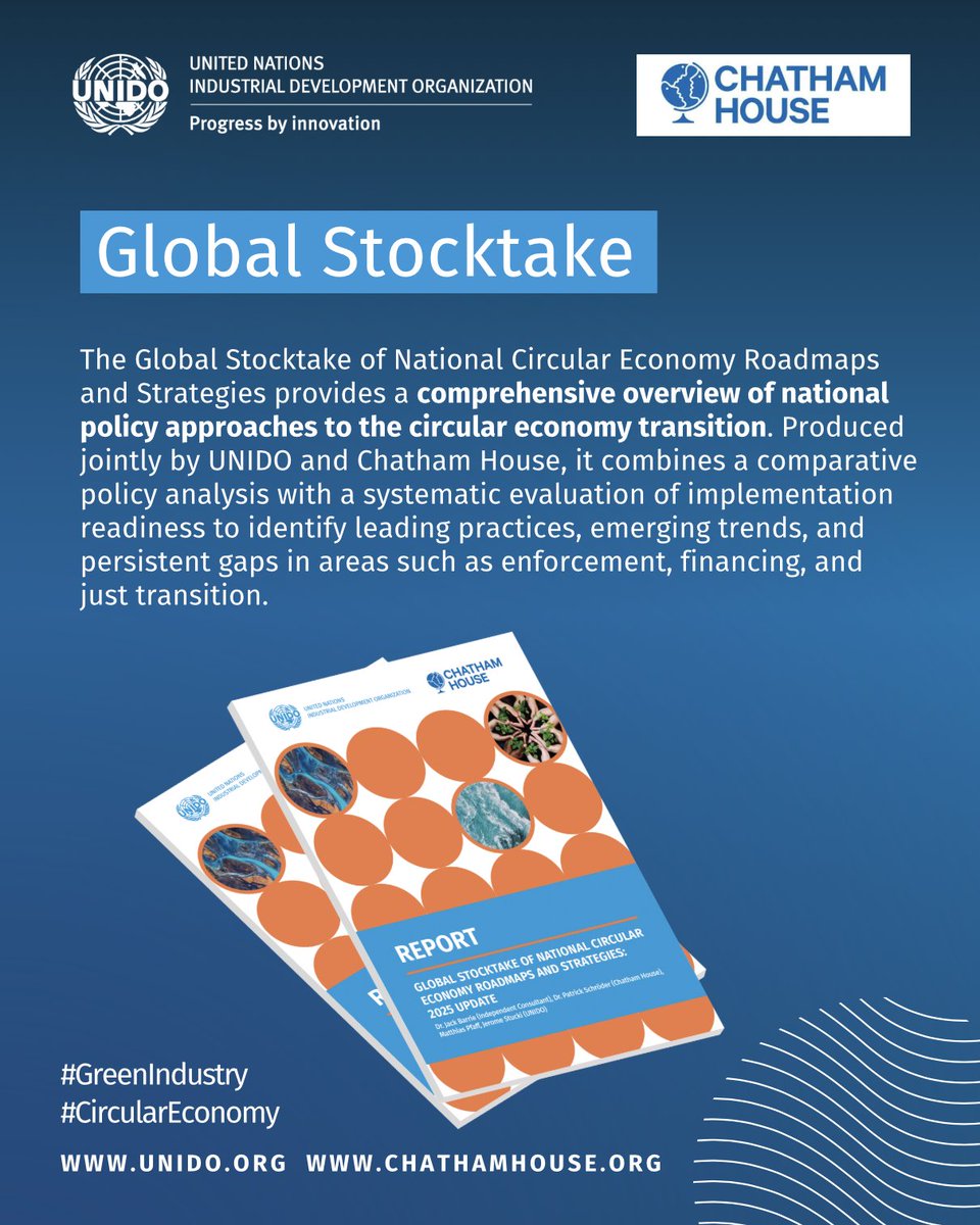HeleneBerche's tweet photo. What does a comprehensive analysis of national circular economy policies reveal? Hear directly from @UNIDO &amp; @ChathamHouse authors at the Global Stocktake launch webinar 📅 29 January 2026 🕐 1.00 p.m. CET 👉 Register https://t.co/ZDdXFrjtNP https://t.co/fIjsRdmVNY