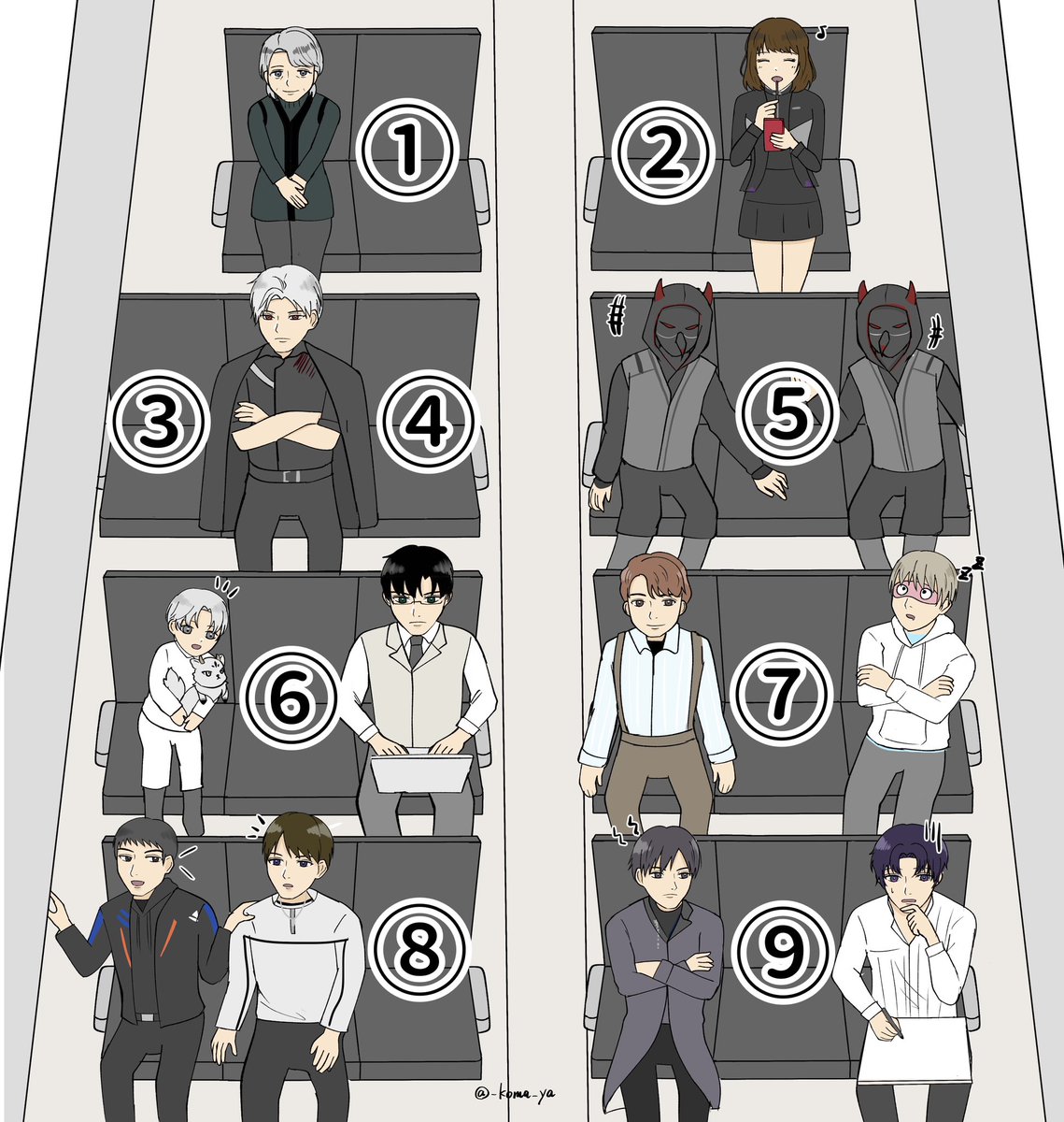 #恋と深空二次創作
これから10時間のフライトです。
あなたは何番の席に乗りますか？