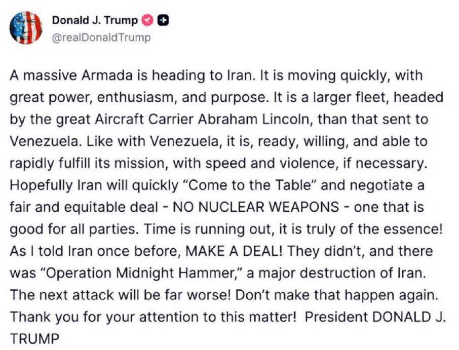 🚨🇺🇸BREAKING: Donald Trump Threatens Iran: Make a deal or the next attack will be harder than the one in June.