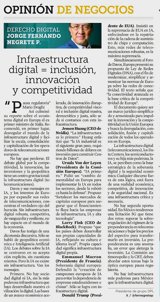 Davos y sus mensajes en IA, y los intentos de Europa por expandir sus redes de telecomunicaciones, concentran el verdadero ojo del huracán. Sin infraestructura digital robusta, competitiva, de vanguardia y resiliente, no hay espacio en el mundo de la economía.
Davos fue testigo