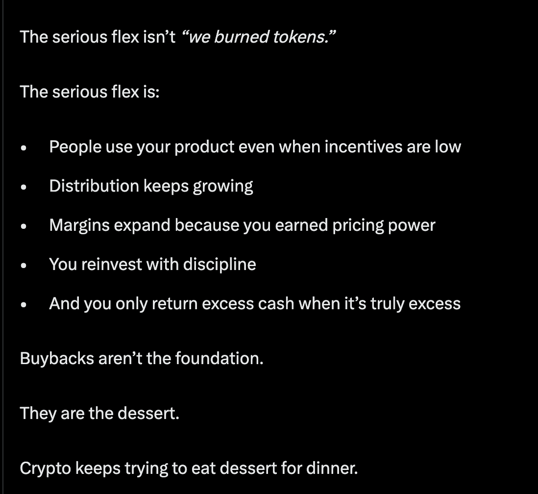Probably one of the most realest buyback reflection I have ever read. Most  projects are just using buybacks as a substitute for their weak token  design and weak governance. Selling their future