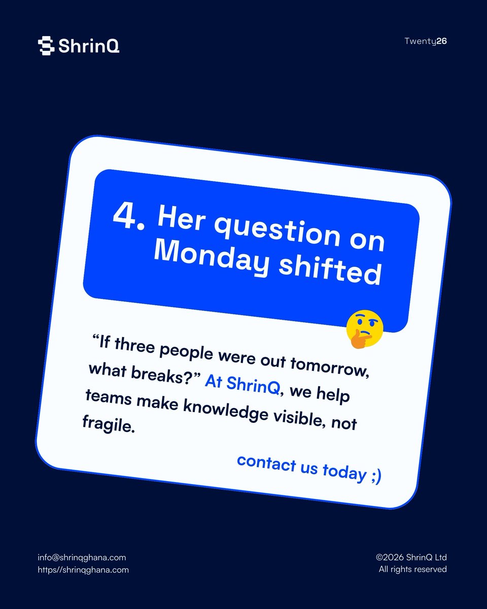 shrinqghana's tweet photo. If three people were out tomorrow, what would stop working?
Fix that first.
Systems protect your business when people can’t show up.
#BusinessSystems #SMEGrowth #OperationalRisk #ProcessVisibility #DigitalWorkflows #AfricanBusiness #FutureReadyTeams https://t.co/CZTWNbibXv
