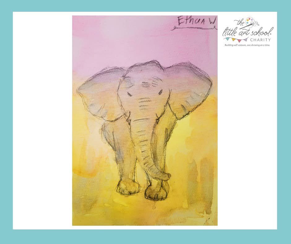 This fantastic painting of an elephant is by 10 year old Ethen Walker.

We loved the watercolour washes blended to make a striking sunset background. Fantastic work Ethan!