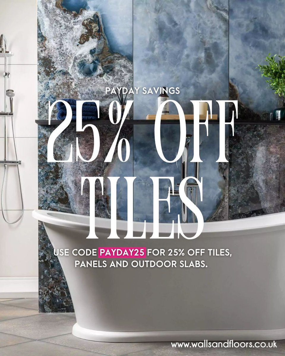 wallsandfloors's tweet photo. 25% OFF SITEWIDE ✨✨

It's been a long, cold January, so to celebrate making it through, we're offering a huge 25% off sitewide this payday! Use code PAYDAY25 for 25% off tiles, panels and outdoor slabs before midnight on the 2nd of Feb.

Shop: https://t.co/E3BmSTq40X

#tiles https://t.co/qX4AudFw2v